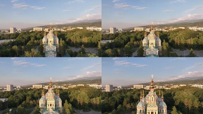 在一个夏天的晚上，用四轴飞行器俯瞰建于1907年的哈萨克斯坦阿拉木图的东正教木制阿森松大教堂