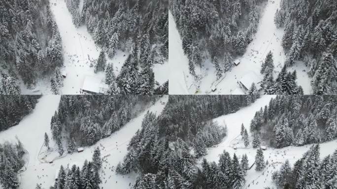 滑雪场滑雪航拍画面4K