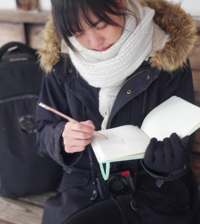 4K亚洲女人在休息站写日记。