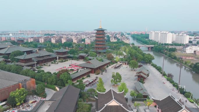 航拍上海宝山寺佛教寺院自然风光