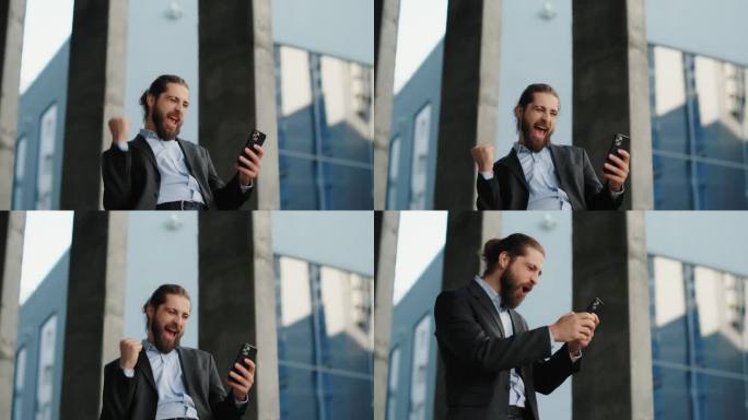 在办公室外使用智能手机的商人，脸上洋溢着快乐的情绪。