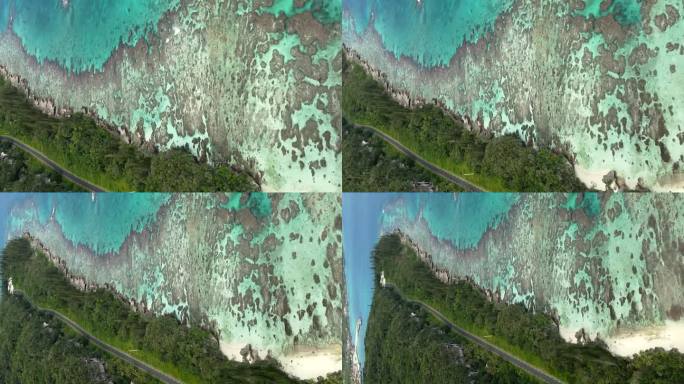 航拍后拉镜头揭示惊人的海岸线，水晶水和热带森林。垂直格式