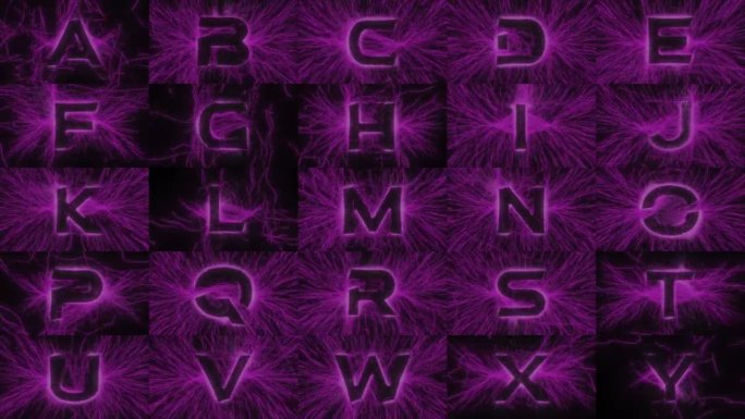 用弯曲的湍流射线和火花揭示发光霓虹灯电场中的字母。大写集字母表学习拉丁字母键入科幻未来主义字体。4K