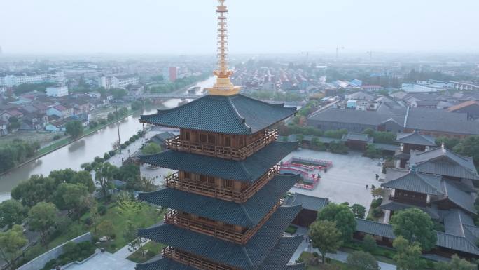 航拍上海宝山寺佛教寺院自然风光