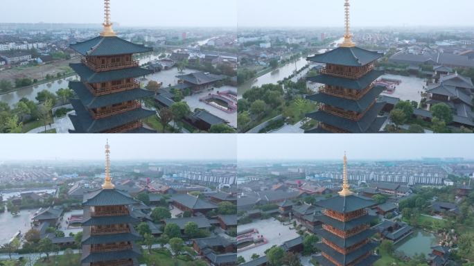 航拍上海宝山寺佛教寺院自然风光