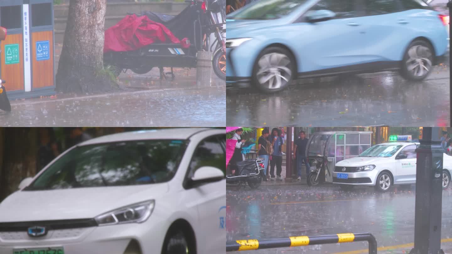 城市下暴雨下雨天汽车人流街道街头街景雨景