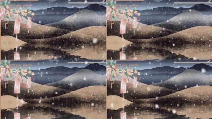 下雪天中式灯笼山水画背景