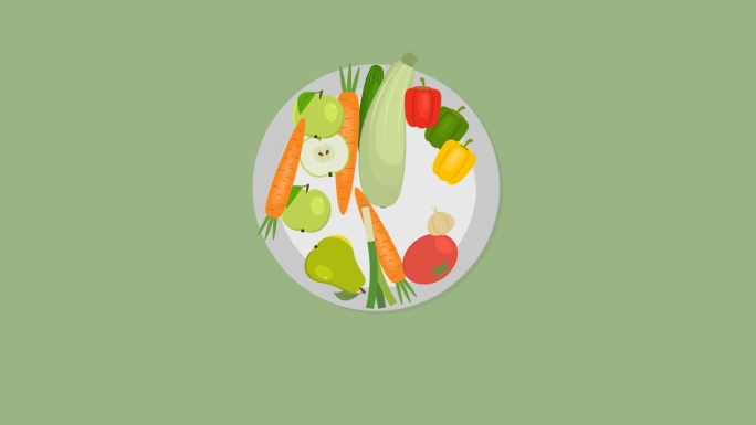 健康食品动画与alpha频道。盛有蔬菜和水果的盘子