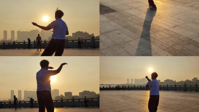 日落夕阳人文老年人打太极运动沿江公园晨练