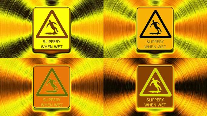 动画闪烁“湿滑”的标志，标志，警告在橙色背景