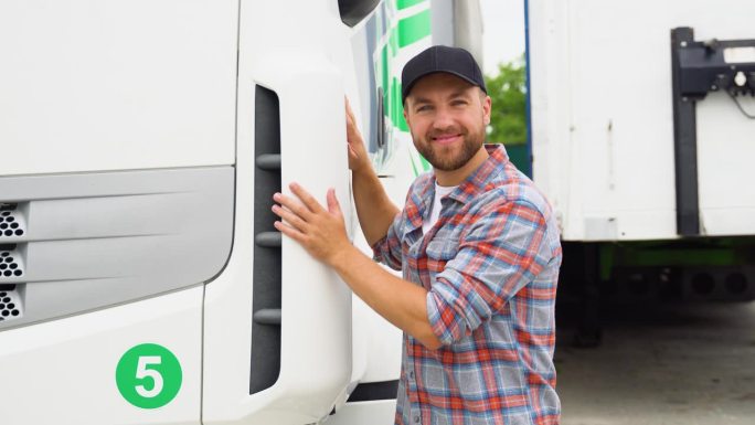 卡车司机抱着他的卡车准备运输。快乐的白人卡车司机热爱他的工作
