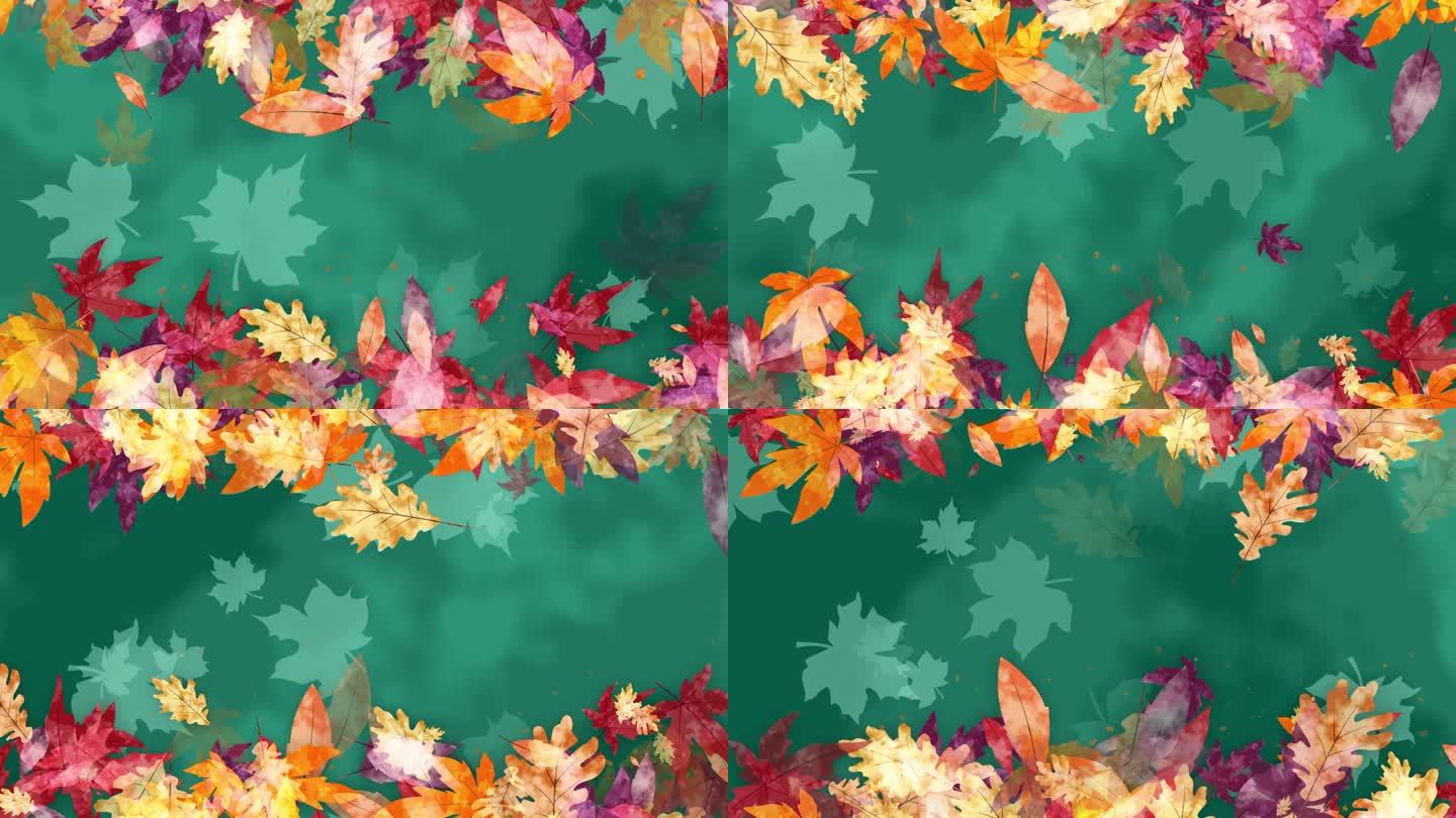 绘制秋天彩色落叶的艺术动画框架。绿色圆形抽象节日背景。副本的空间。