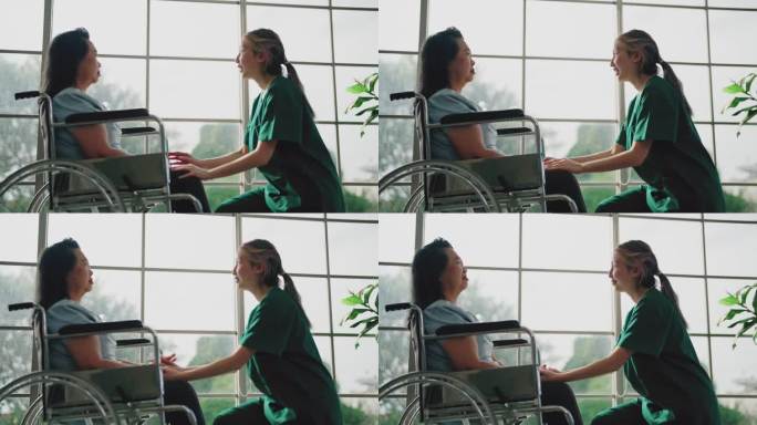 年轻的亚洲护士在照顾一位坐在轮椅上的老年妇女。