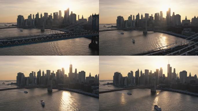 东河上标志性的纽约市景观，摩天大楼，曼哈顿和布鲁克林大桥，汽车和渡轮。电影傍晚城市天际线与日落和薄云