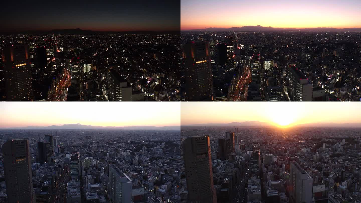 东京，日本:东京和富士山的空中日出延时拍摄。