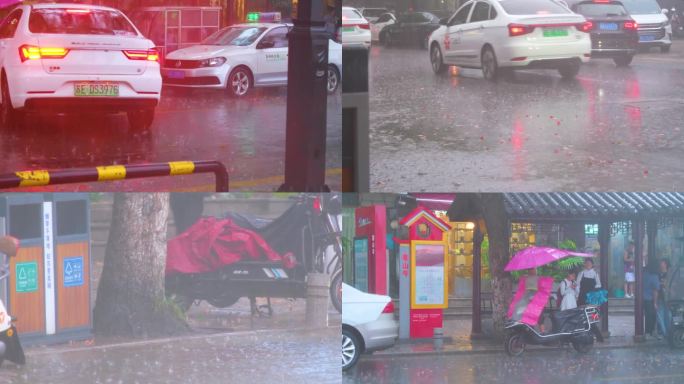 城市下暴雨下雨天汽车人流街道街头街景雨景