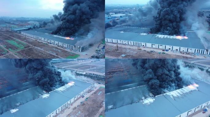 新能源厂房火灾航拍 消防 在建厂房浓烟