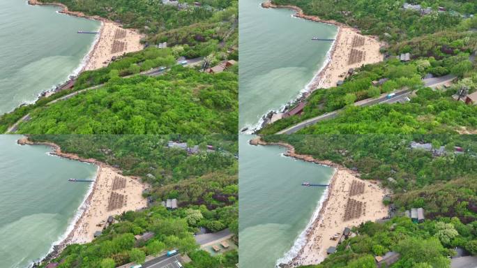 航拍连云港市连岛风景区苏马湾大海沙滩森林