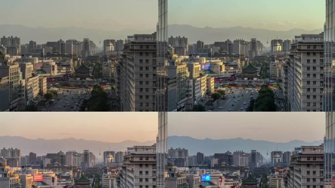西安钟楼地标电视塔中轴线延时摄影光影变化