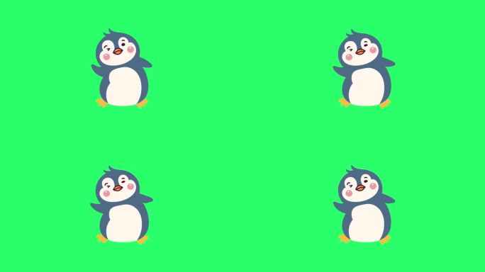 动画可爱的企鹅活动孤立的绿色背景。