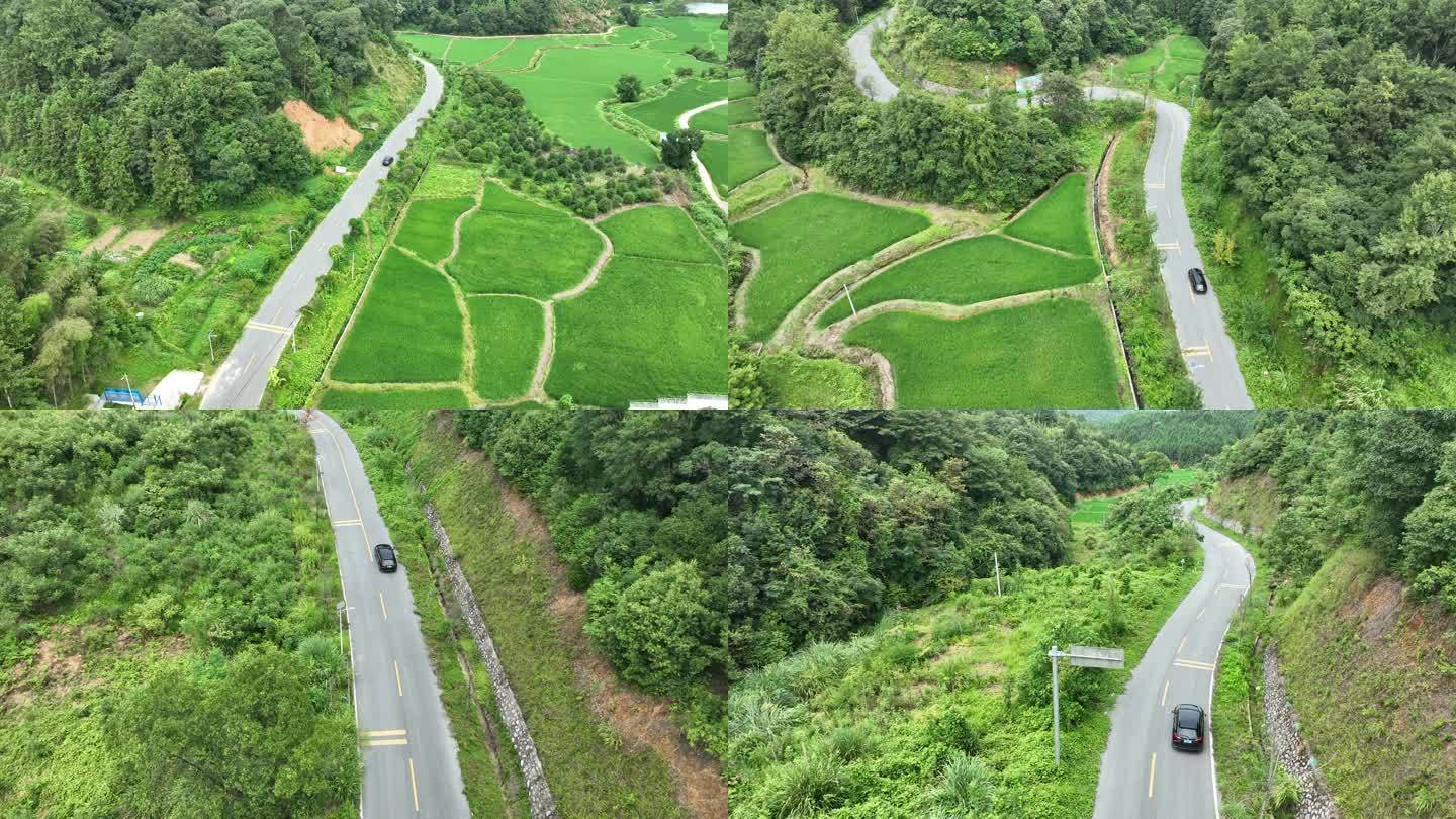 汽车行驶乡村公路航拍车辆行驶农村道路风景