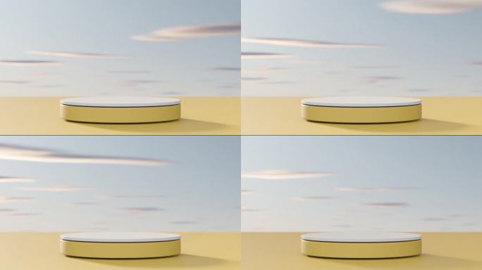 三维黄色讲台上的日落天空抽象背景。用于产品演示的复制空间。