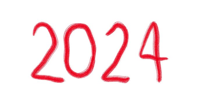 手绘，红色，新年，在儿童绘画风格和新年主题2024隔离在白色背景。2024年移动。非常适合新年主题项