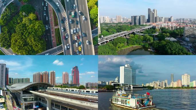 4k广州城市交通高架桥地铁高铁船