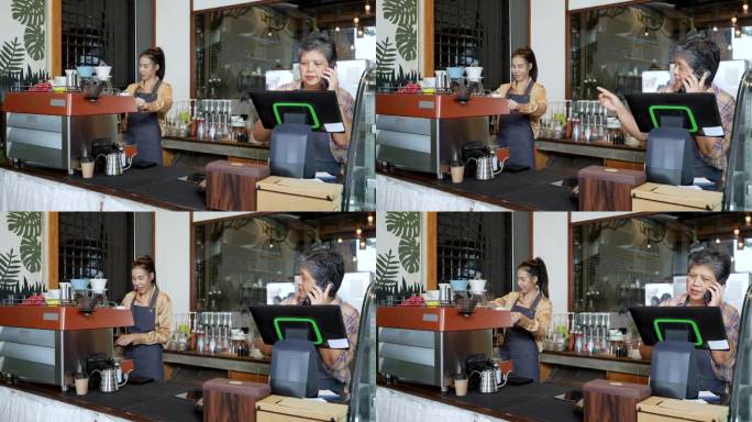 小型企业;咖啡店老板妈妈在电话上接顾客的订单，咖啡师女儿在咖啡机上，微笑着开心地接到了很多订单。