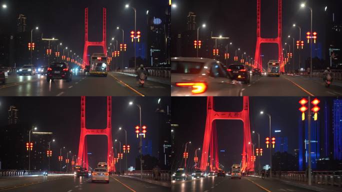 夜间开车行驶在八一大桥夜晚城市车窗外风景