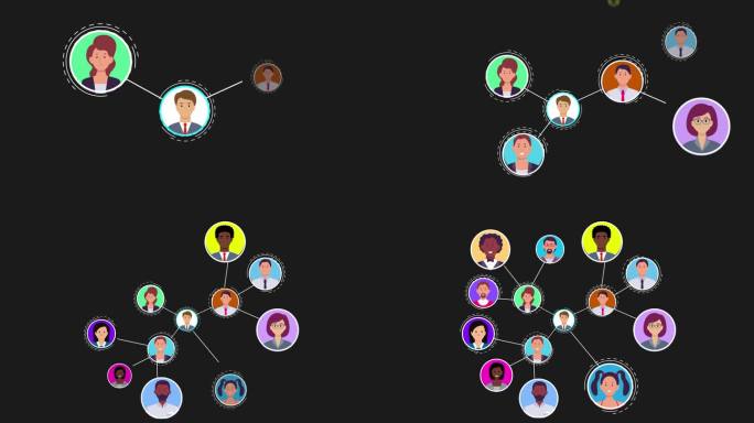 全球人物网络图标动画与商业男人和女人连接和快乐在一起在社会沟通。网上国际联络