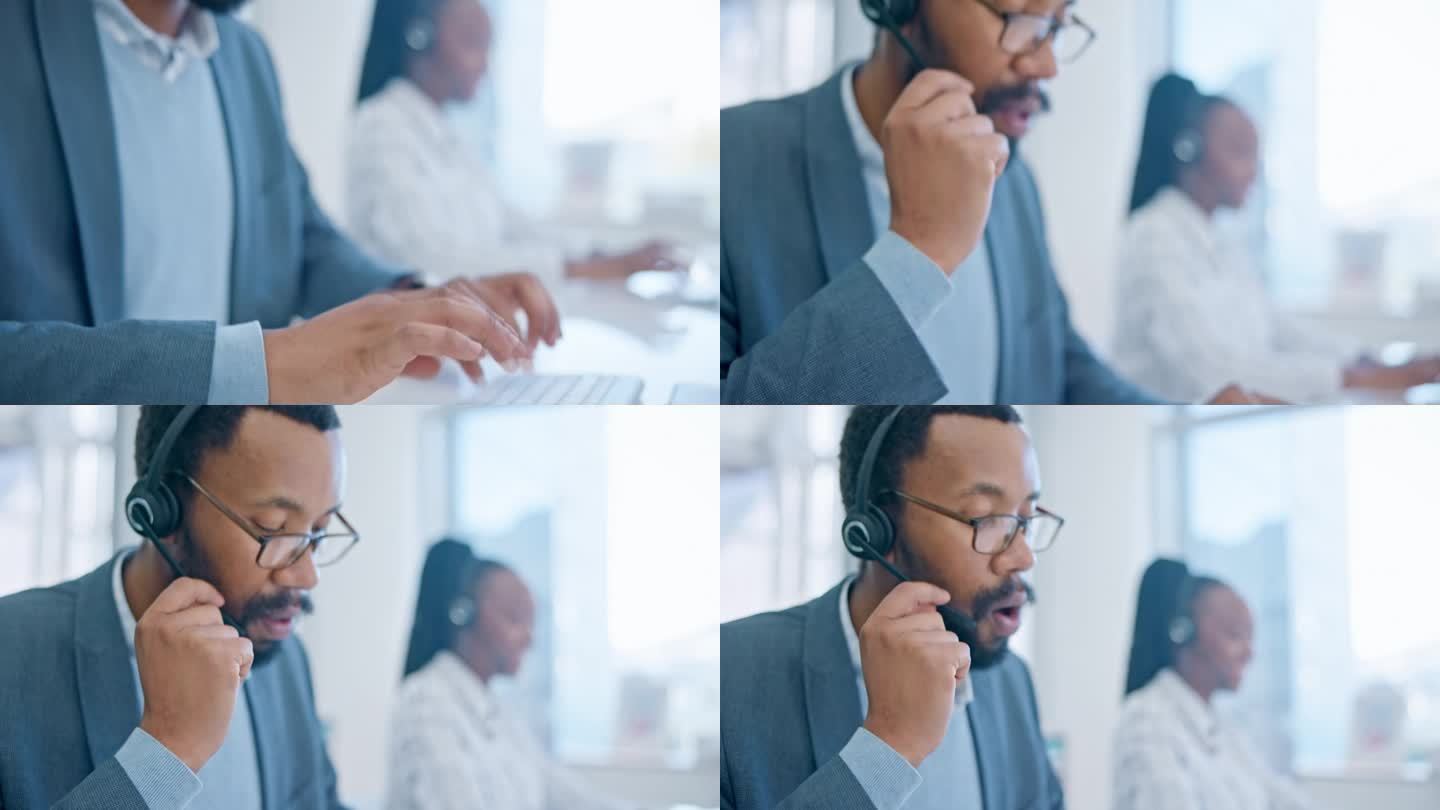 计算机，客户服务和一个在呼叫中心工作的黑人顾问提供支持或帮助。与电话营销办公室的一名员工进行联络、客