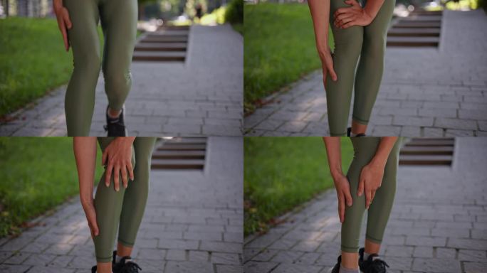 无法辨认的女性慢跑者在公园跑步，感觉膝盖剧烈疼痛，在户外晨跑时按摩疼痛的腿，近距离，慢动作。小腿运动