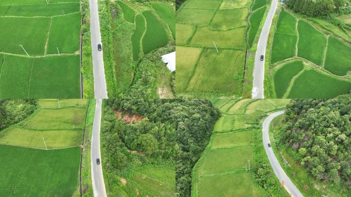 汽车行驶乡村公路航拍车辆行驶农村道路风景