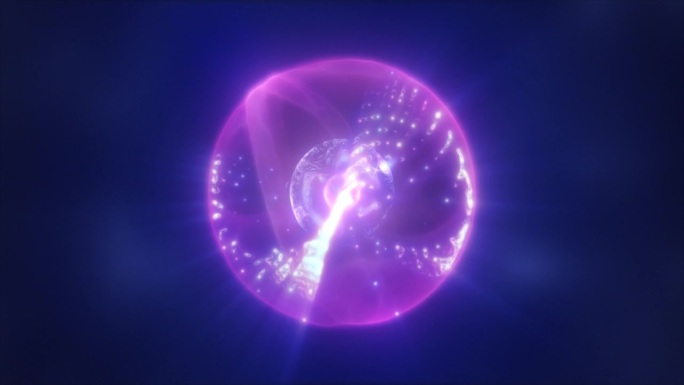 抽象的紫色能量球与飞行发光明亮的粒子，科学的未来主义原子与电子高科技背景