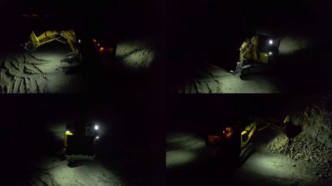 夜间在露天矿山工作的挖掘机，慢动作