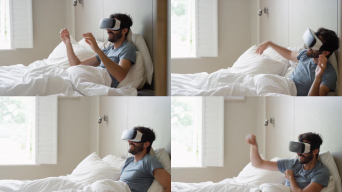快乐的人躺在床上戴着虚拟现实耳机玩游戏玩游戏看360度视频想象概念