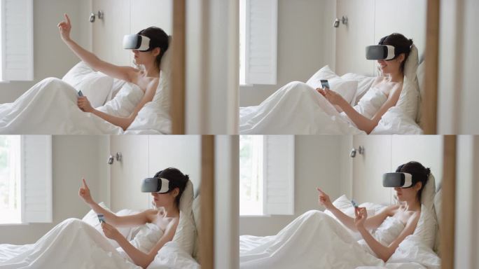 美女网上银行用VR头戴式耳机网上购物用信用卡在家生活