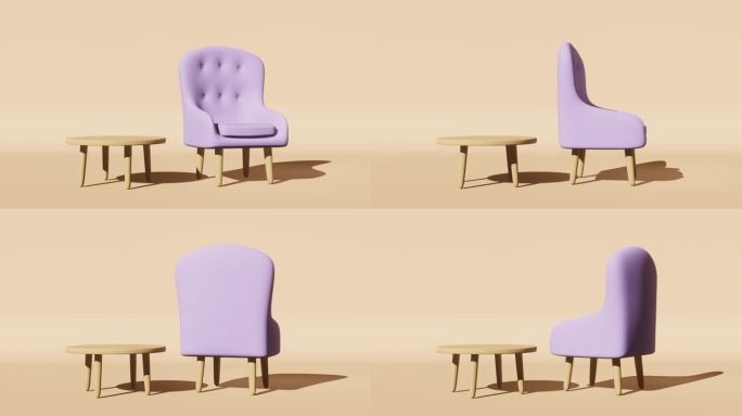 软紫色扶手椅桌子木腿柔和的背景阴影3D动画旋转循环。舒适的室内设计元素酒店大堂展示