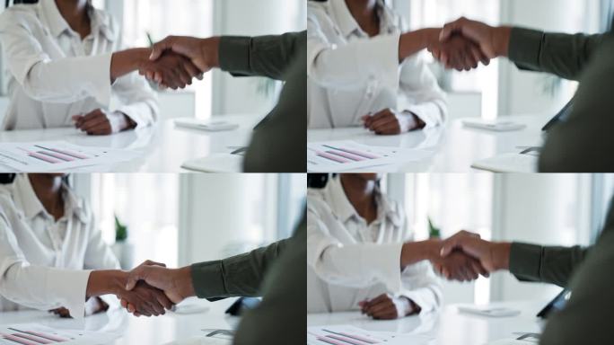 商务人士在会议或面试中，握手和同意团队合作或合作。协作时，图与人握手表示欢迎，祝贺或感谢你的进步或信