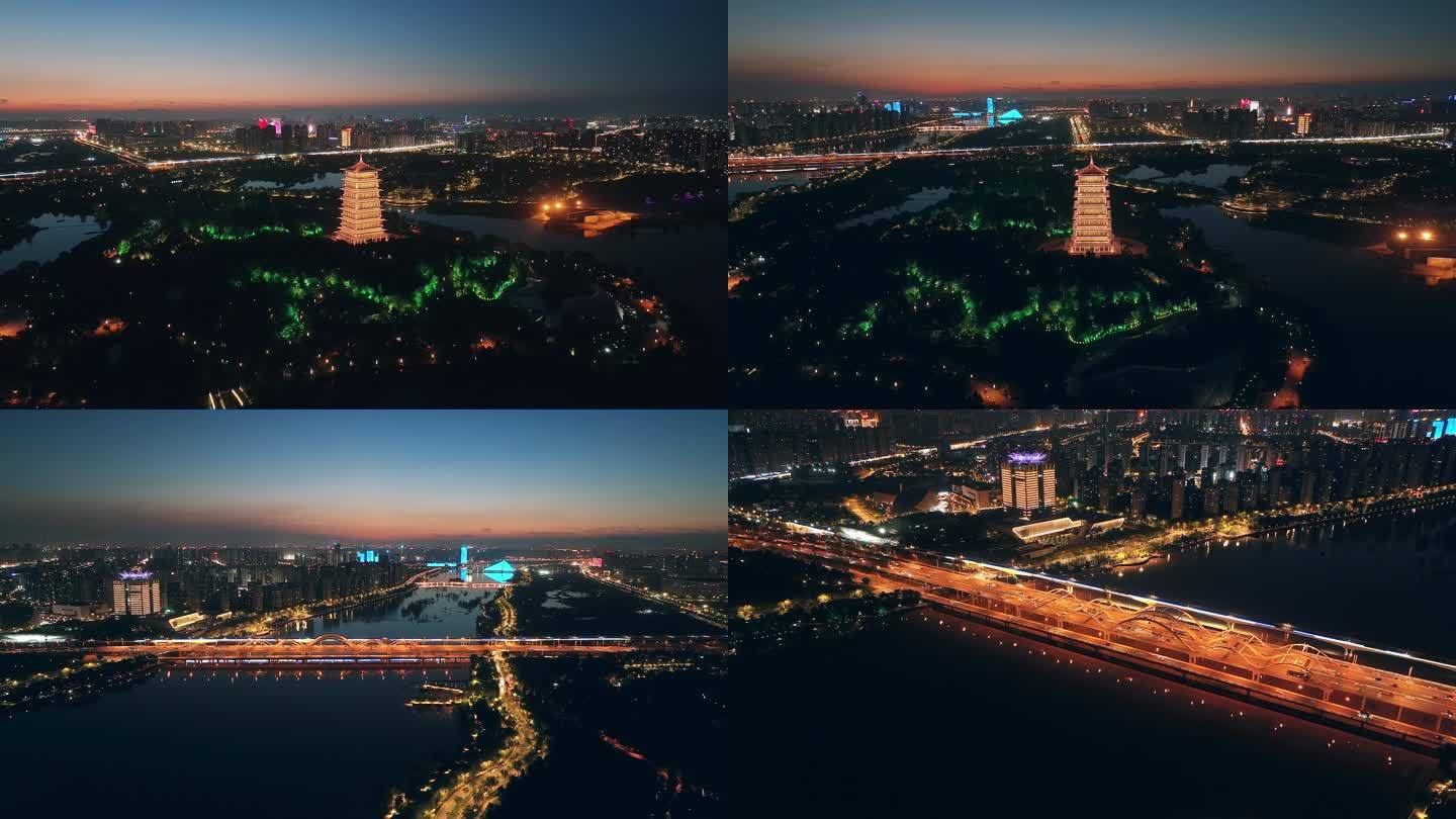 4K航拍西安浐灞广运潭大桥长安塔夜景