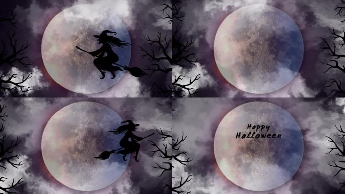 万圣节女巫骑着扫帚在月亮的背景下飞翔