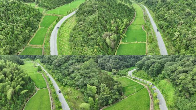 汽车行驶乡村公路航拍车辆行驶农村道路风景