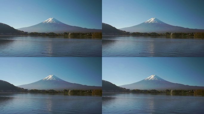 日本秋天的富士山和川口湖的倒影