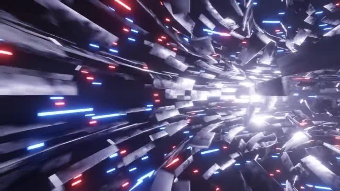 抽象的蓝红色超空间隧道通过霓虹灯的背景。4K 3D通过金属元素可视化科幻星际之旅。循环动画