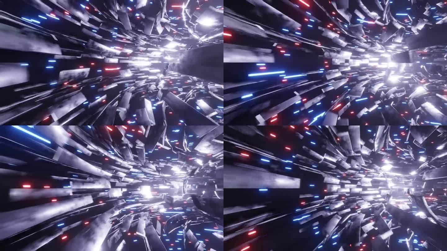 抽象的蓝红色超空间隧道通过霓虹灯的背景。4K 3D通过金属元素可视化科幻星际之旅。循环动画