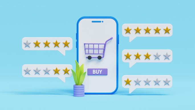 评价在线商店移动应用概念。3d智能手机与购物车和所有评级星级。客户反馈和评价5星的应用程序或服务。4
