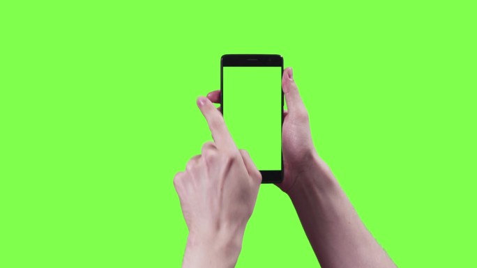 13个年轻人在绿色屏幕上用智能手机做手势