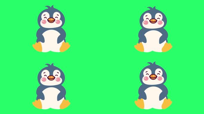 动画可爱的企鹅活动孤立的绿色背景。