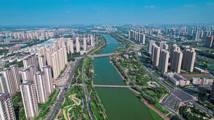 航拍郑州贾鲁河河道城市水系生态建设